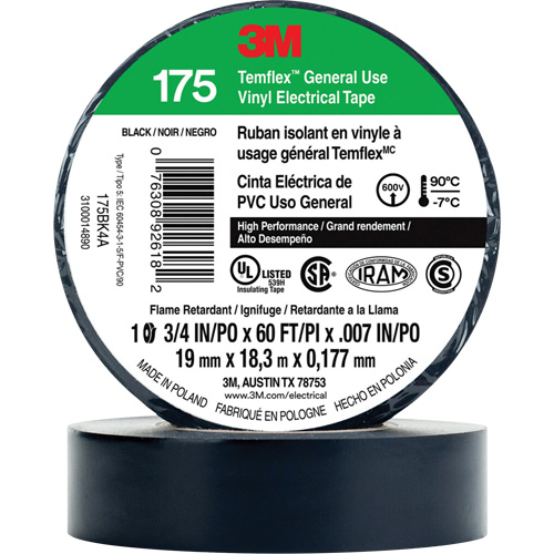 Temflex™ General Use Vinyl Electrical Tape 175, 19 mm (3/4") x 18 M (60'), Black, 7 mils