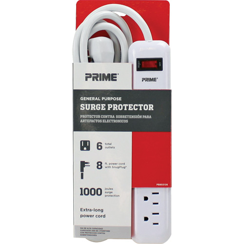 Surge Protector, 6 Outlets, 1000 J, 1875 W, 8' Cord