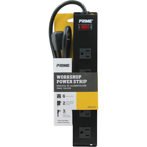Metal Workshop Power Strip, 6 Outlet(s), 3', 15 A, 1875 W, 125 V