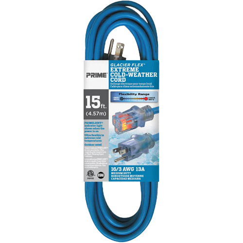 Glacier Flex® Extreme Cold Weather Extension Cord, Outdoor, SJTW, 16/3 AWG, 13 A, 15'