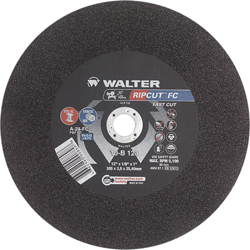 Ripcut™ Stainless Steel & Steel Cut-Off Wheel for Stationary Saws, 12" x 1/8", 1" Arbor, Type 1, Aluminum Oxide, 5100 RPM